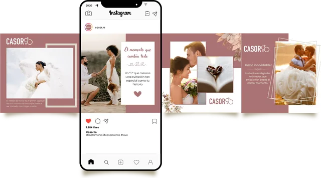 Carrusel de Instagram de Casor.io con fotos de boda y texto sobre invitaciones digitales