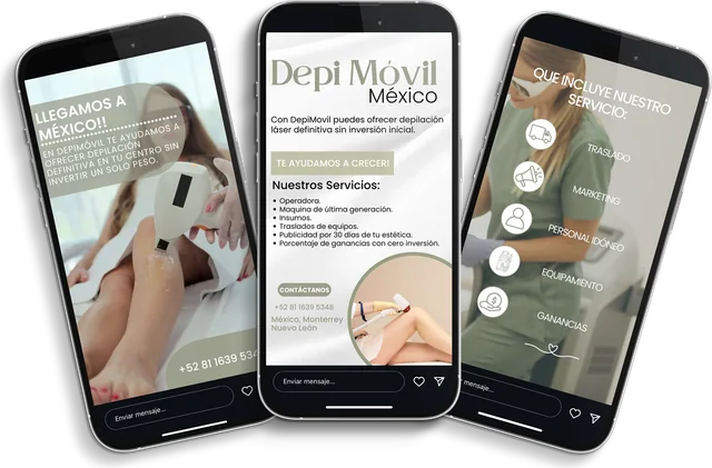 Tres móviles con historias de Depi Móvil México presentando su servicio de depilación láser
