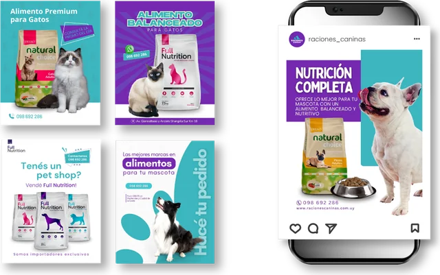 Cuatro publicaciones y un móvil con el feed de Raciones Caninas
